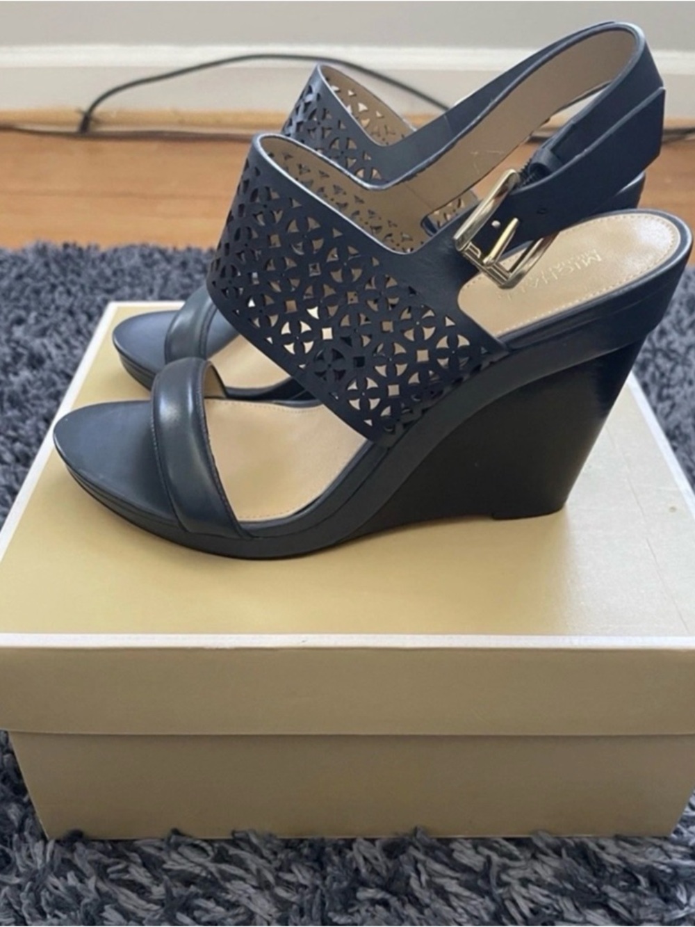 Michael Kors Navy Laser-Cut Wedge Sandals